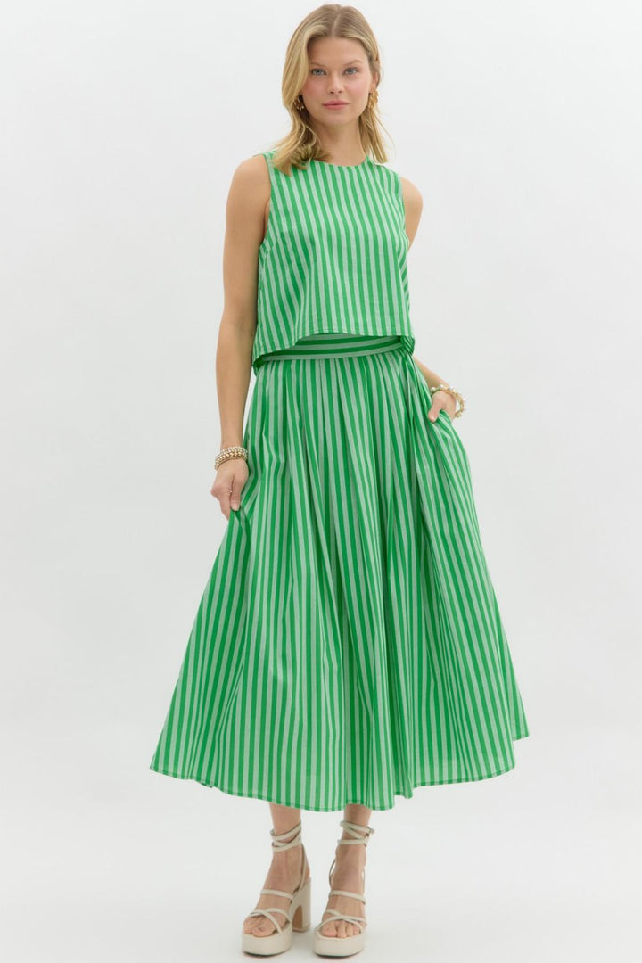 Striped Pleated Midi Skirt
