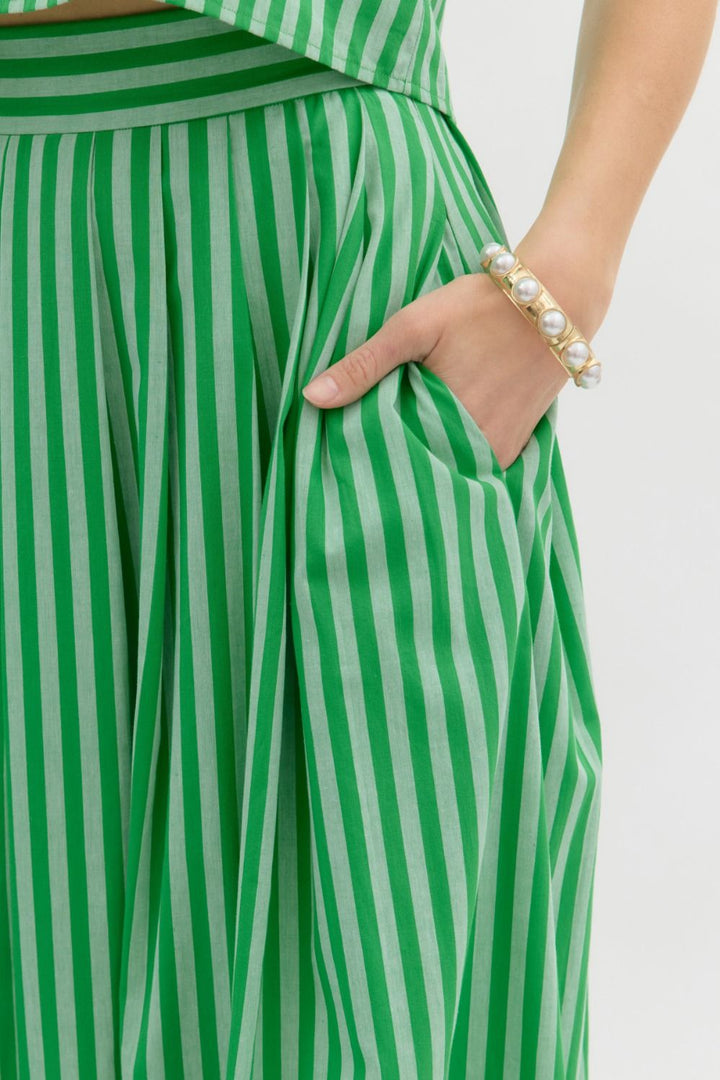 Striped Pleated Midi Skirt