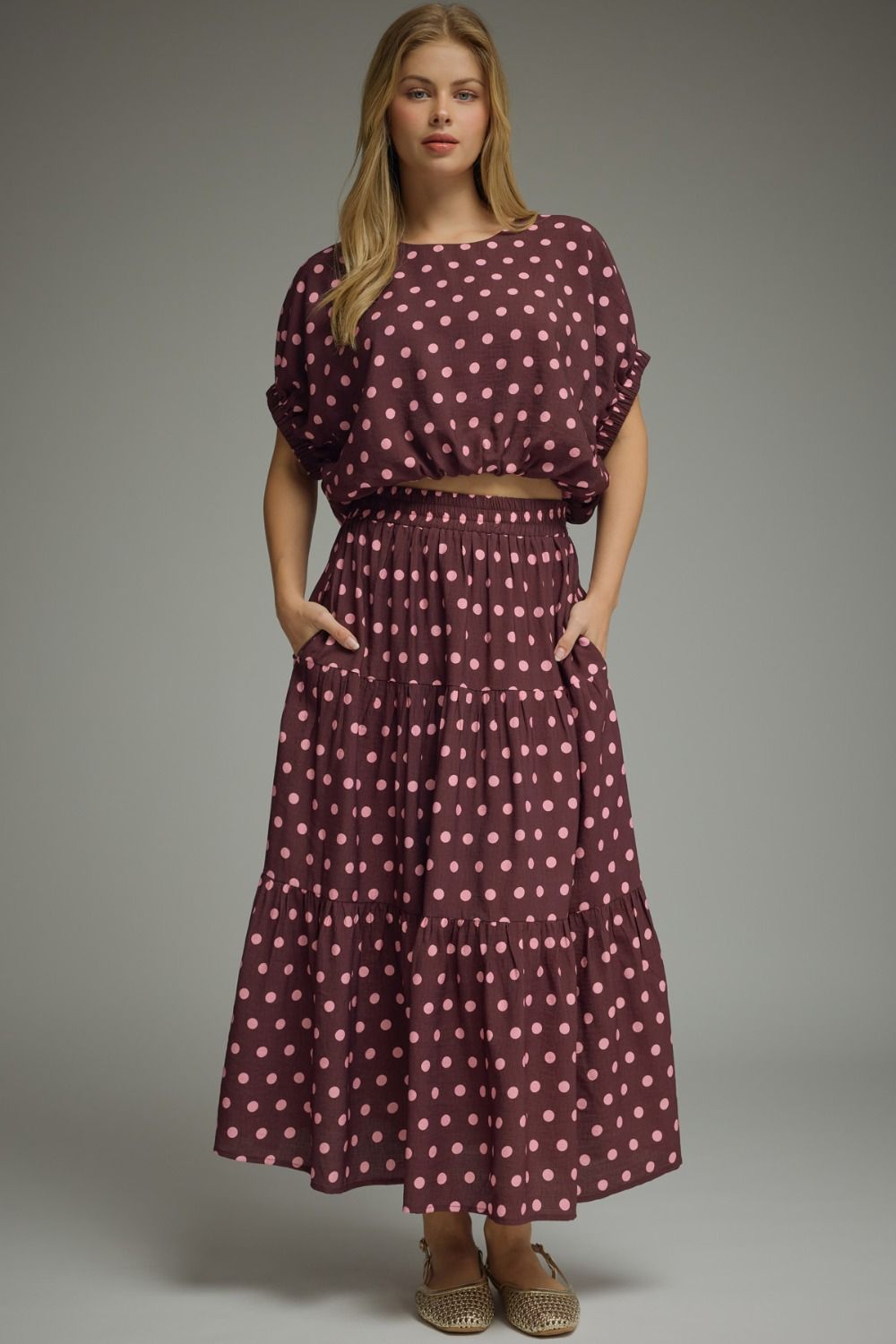 Wine Polda Dot Midi Skirt
