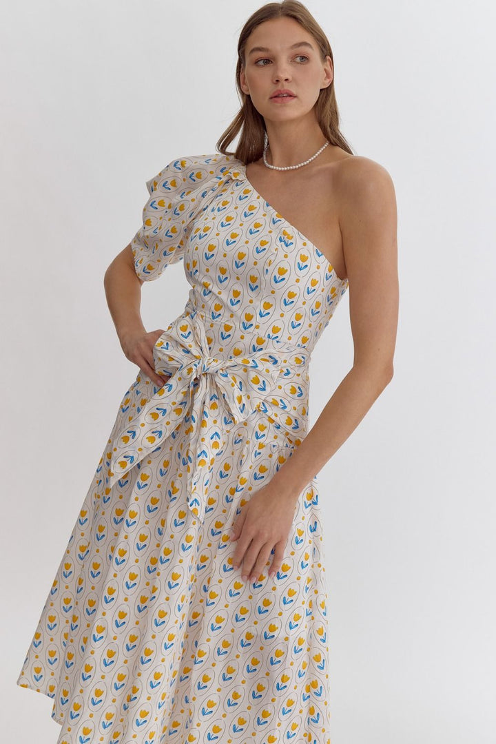 One Shoulder Flower Print Dress