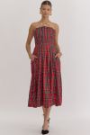 Pleated Strapless Plaid Dress