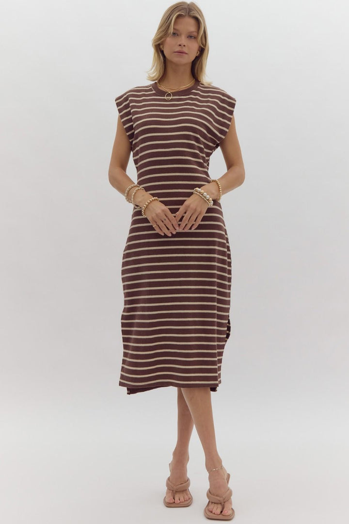 Stripe Cap Sleeve  Midi Dress