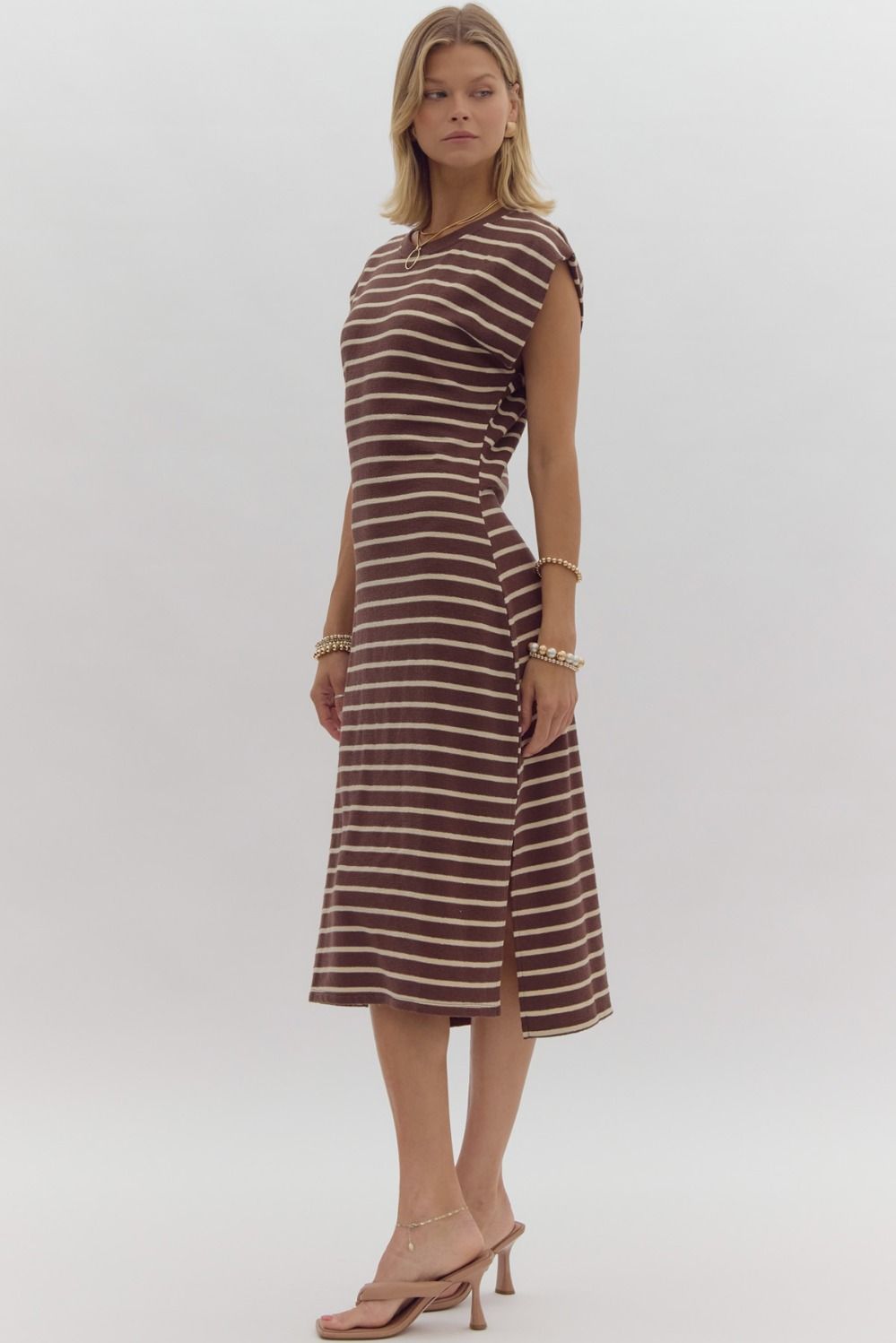 Stripe Cap Sleeve  Midi Dress