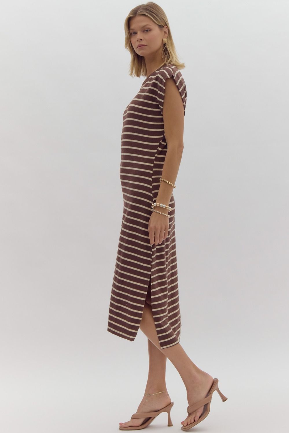 Stripe Cap Sleeve  Midi Dress