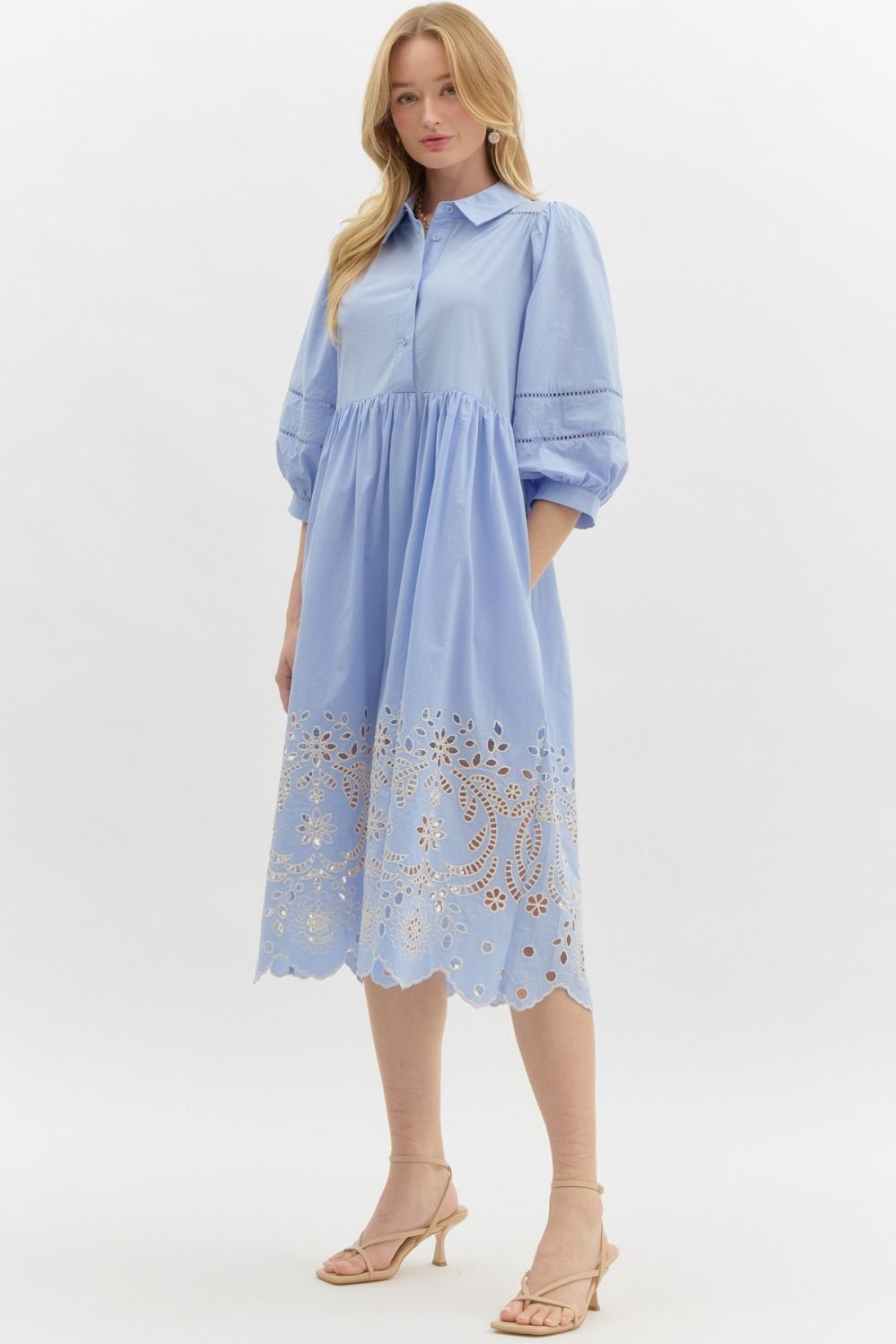 Bubble Sleeve Eyelet Dress