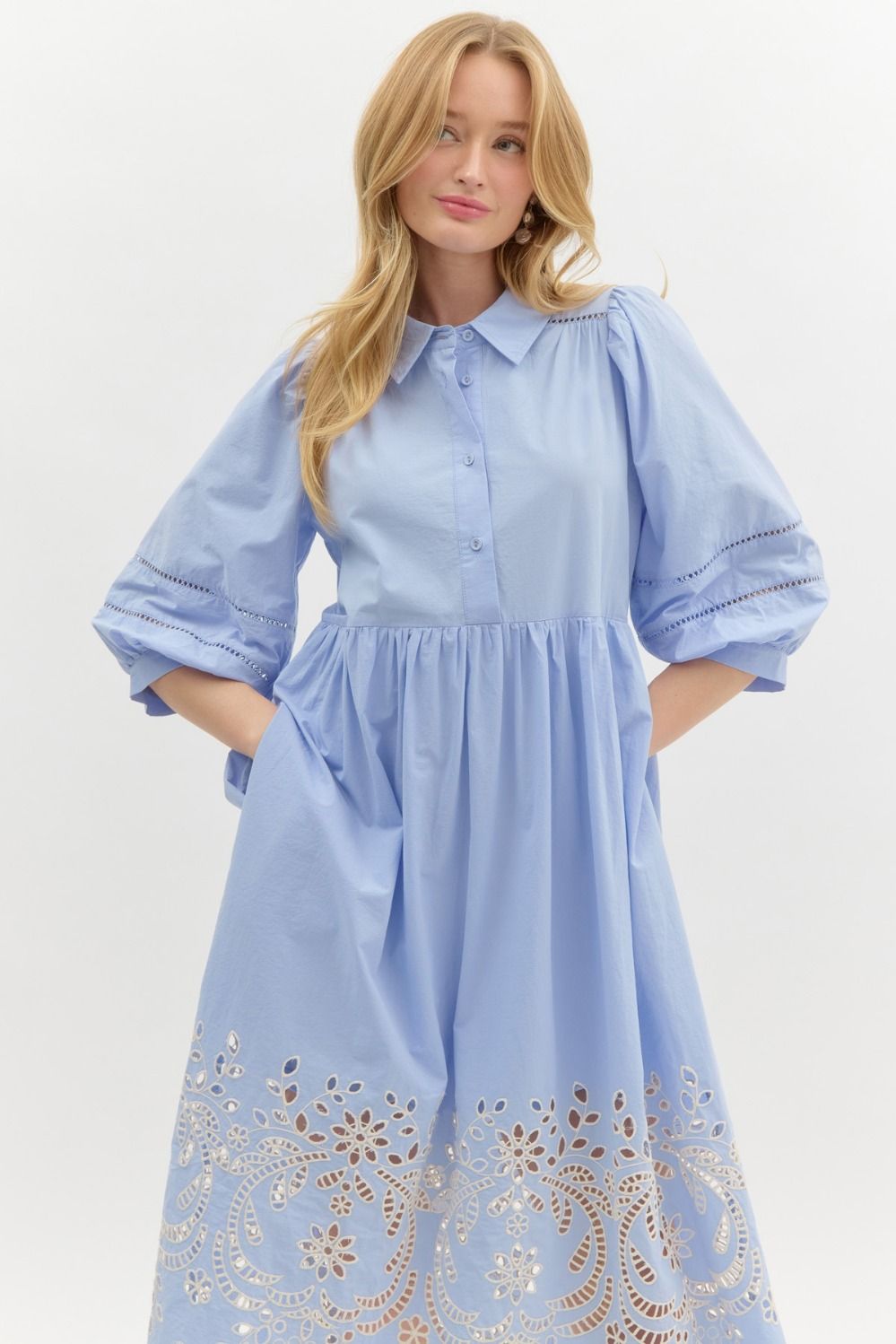 Bubble Sleeve Eyelet Dress