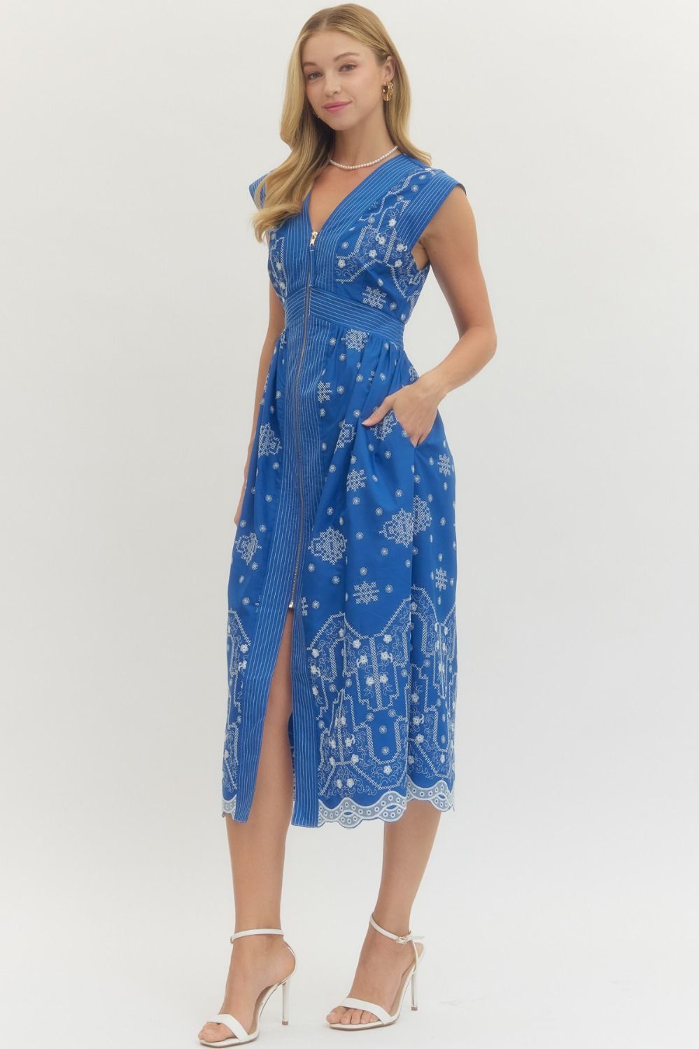 Embroidered Cap Sleeve Midi Dress
