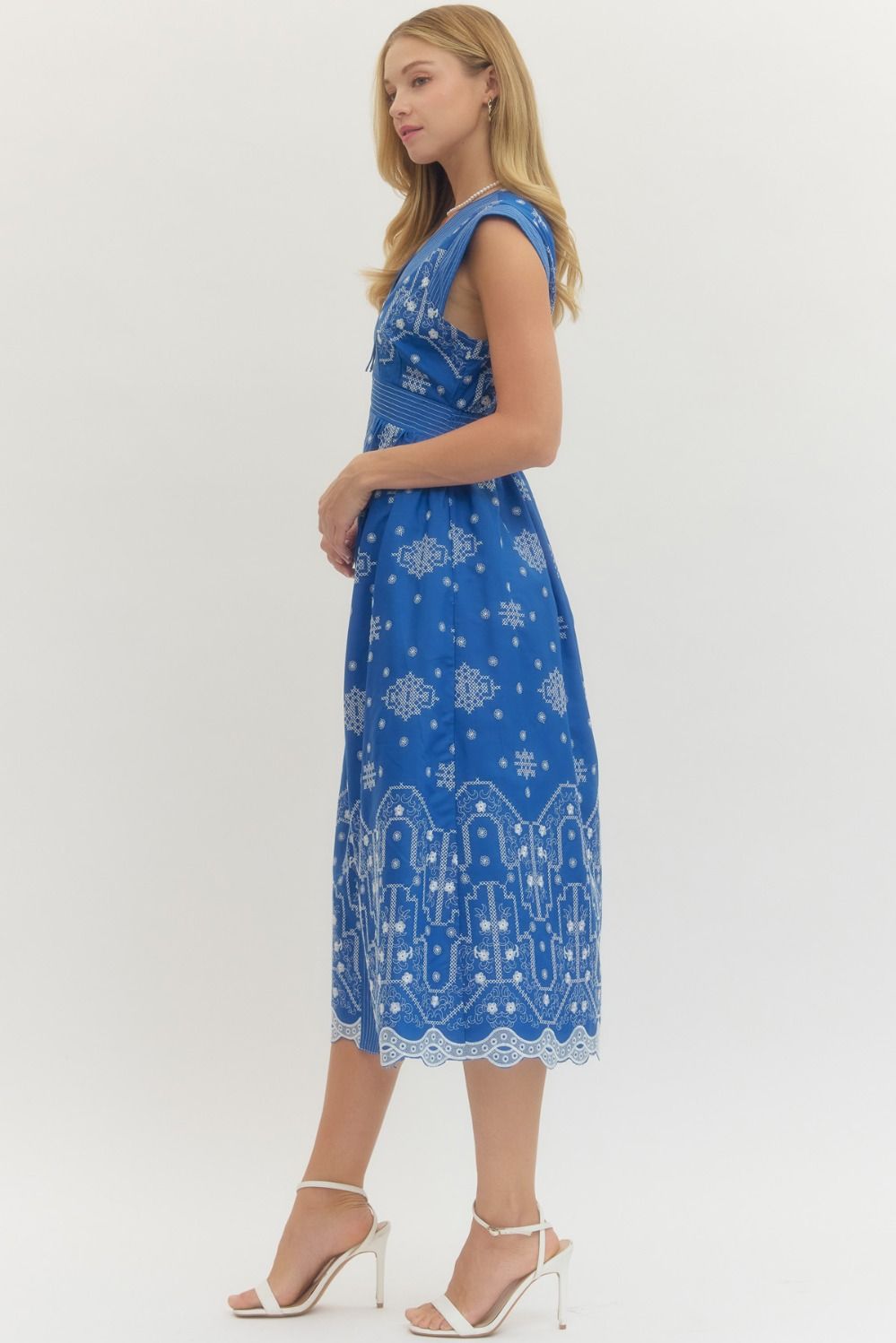 Embroidered Cap Sleeve Midi Dress