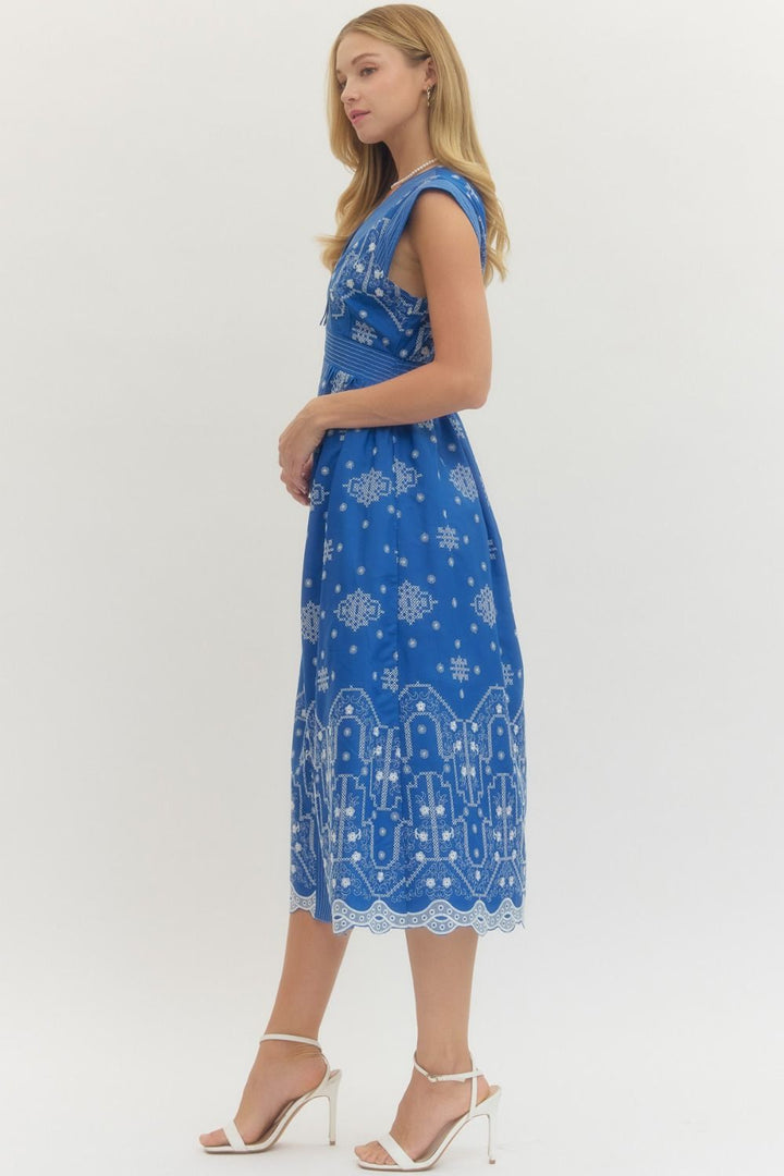 Embroidered Cap Sleeve Midi Dress