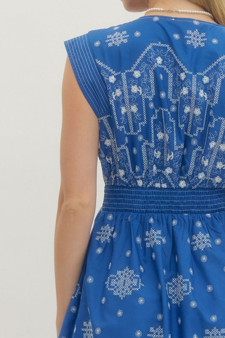 Embroidered Cap Sleeve Midi Dress