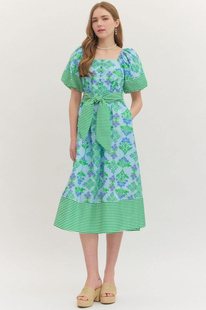 Stripe Trimmed Floral Dress