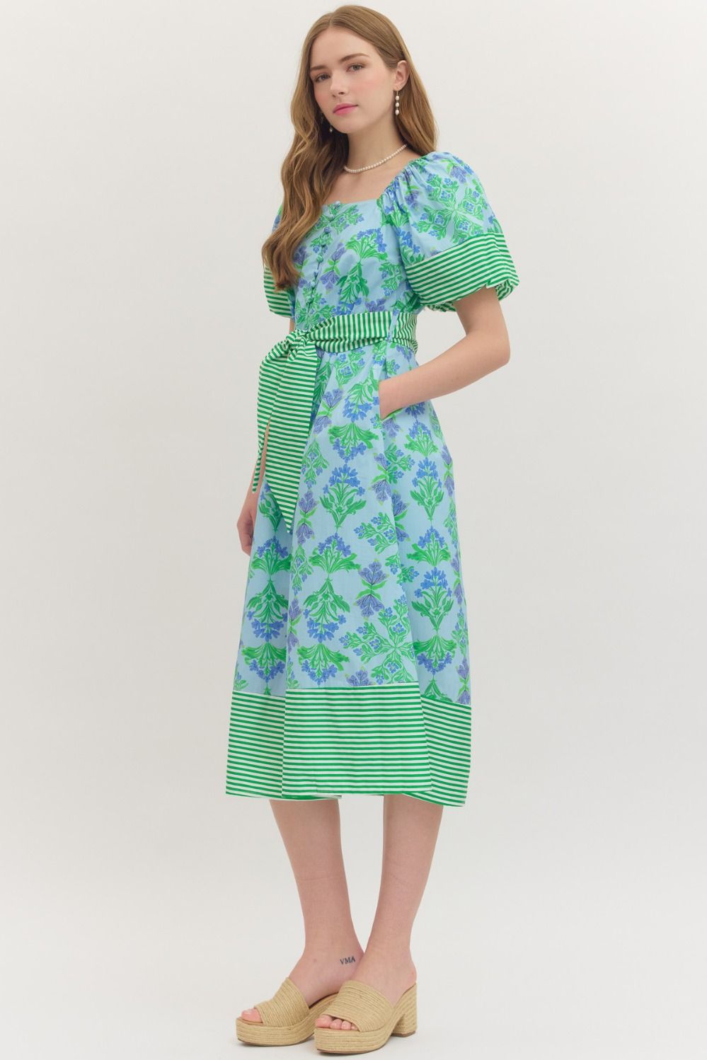 Stripe Trimmed Floral Dress