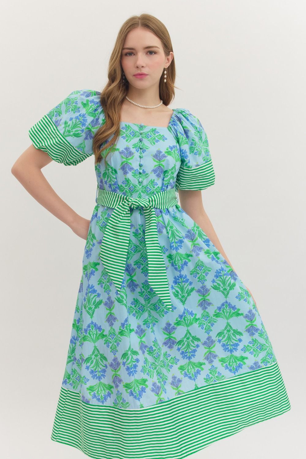 Stripe Trimmed Floral Dress