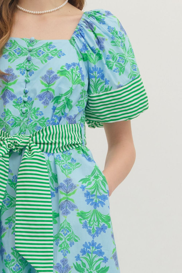 Stripe Trimmed Floral Dress