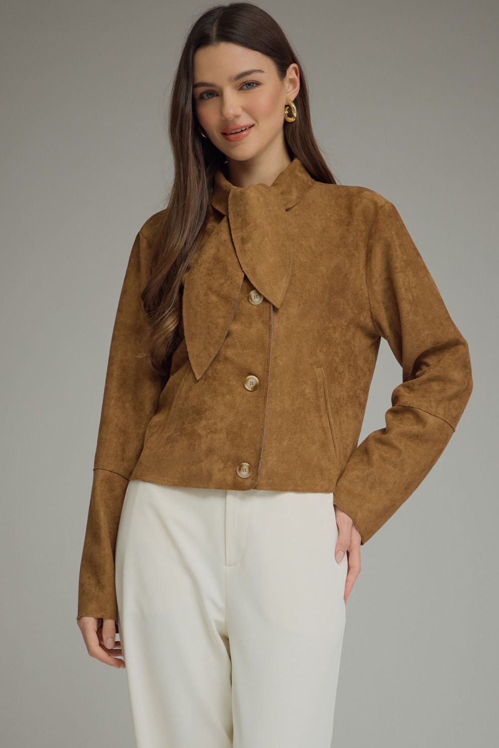 Faux Suede Tie Neck Jacket