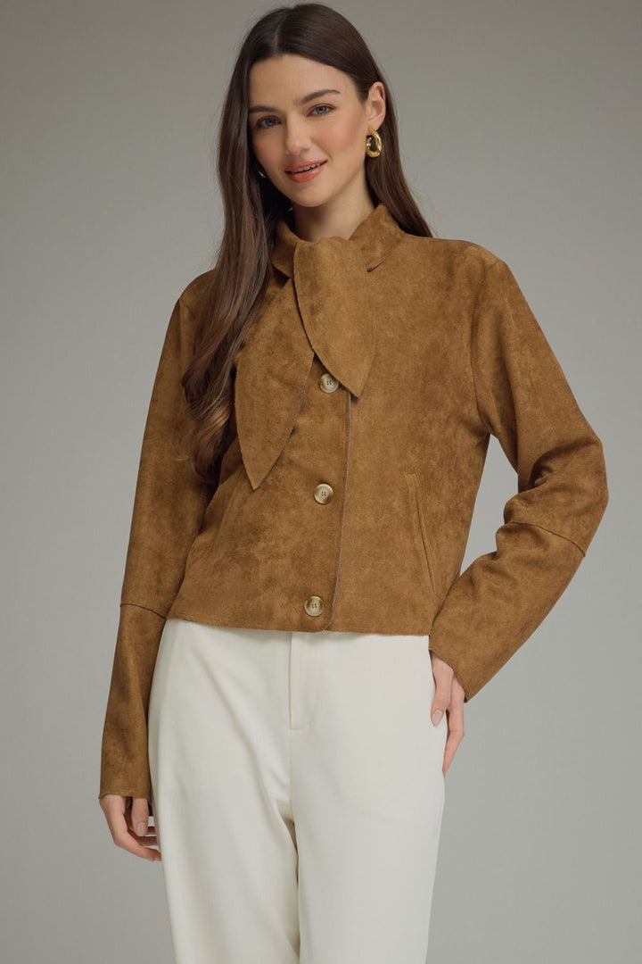 Faux Suede Tie Neck Jacket