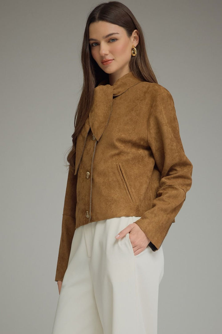 Faux Suede Tie Neck Jacket