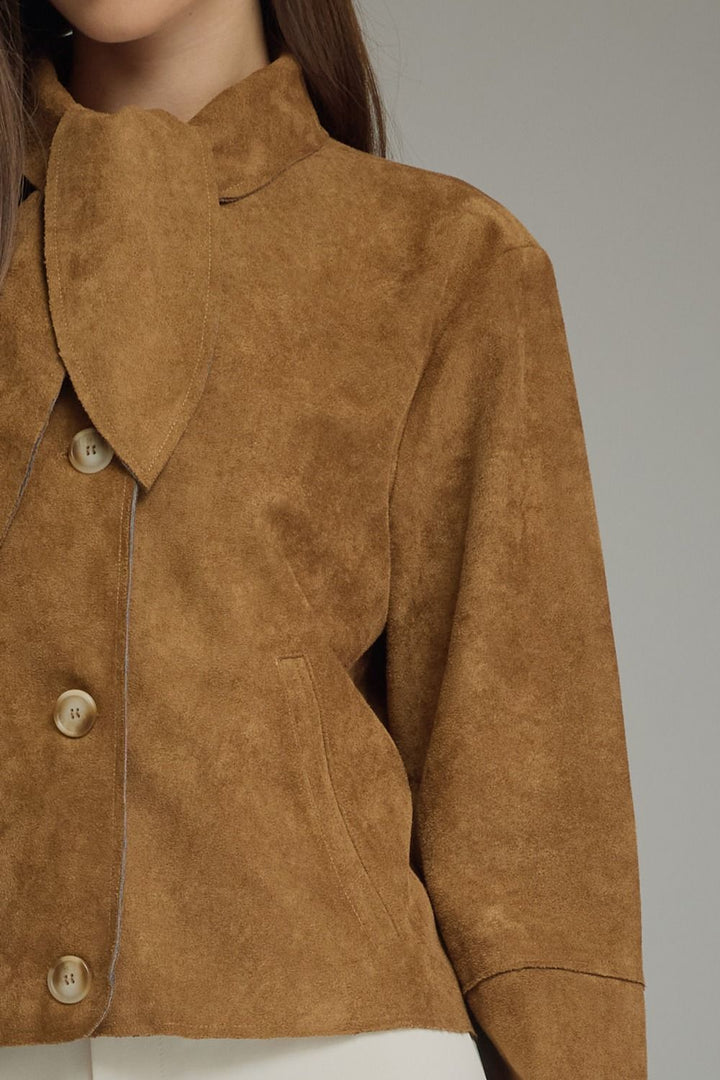 Faux Suede Tie Neck Jacket