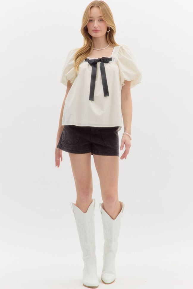 Satin Bow Bubble Sleeve Top