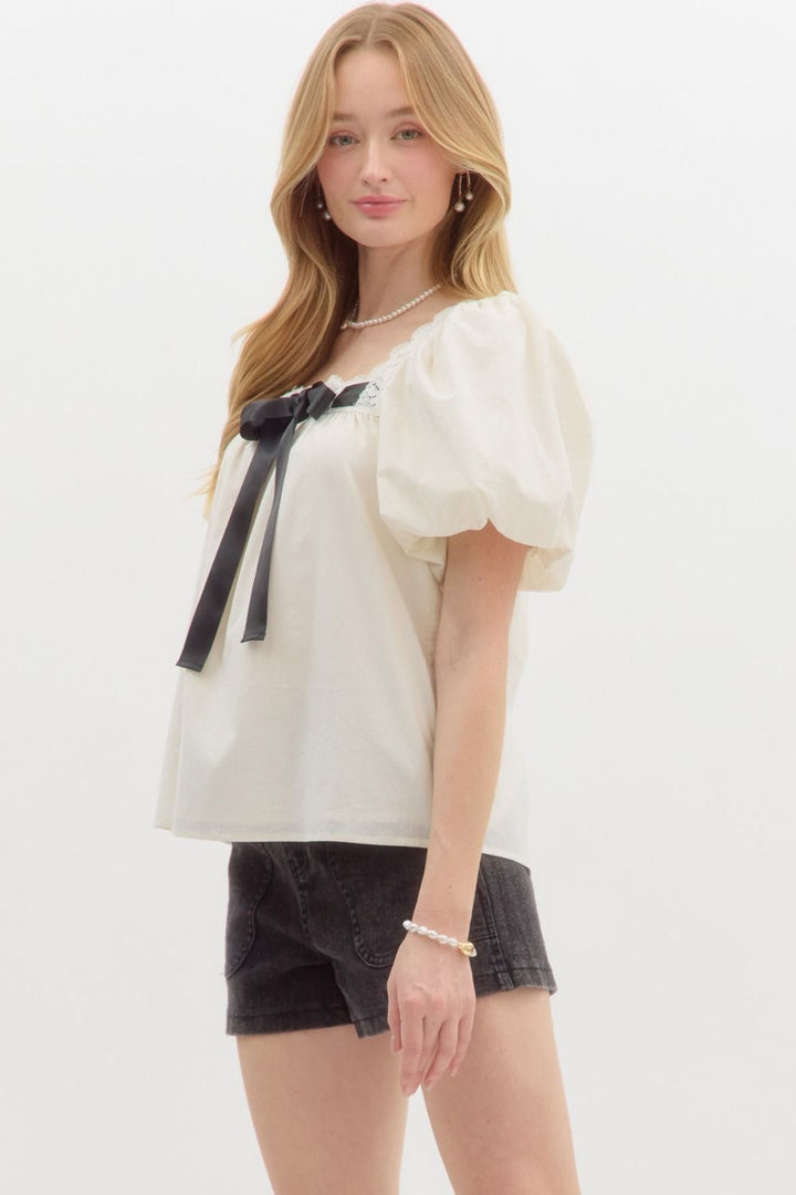 Satin Bow Bubble Sleeve Top