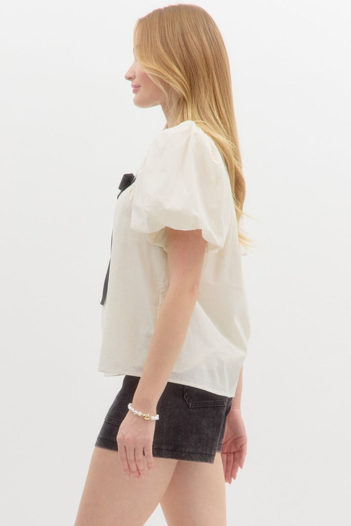Satin Bow Bubble Sleeve Top