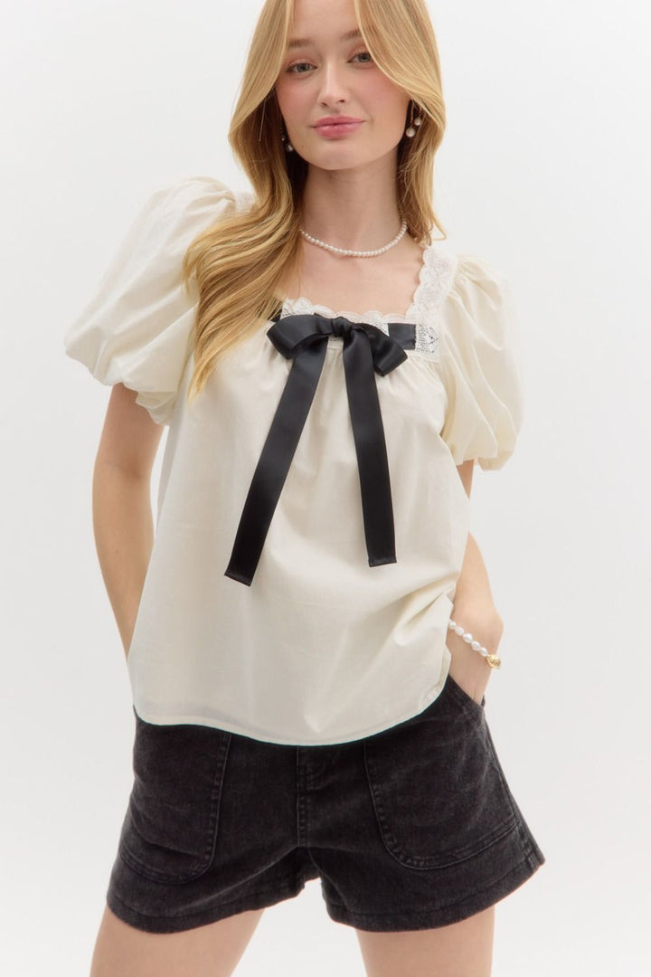 Satin Bow Bubble Sleeve Top