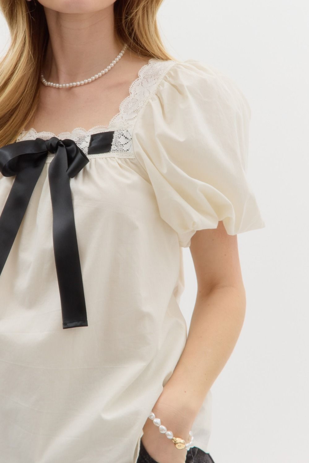Satin Bow Bubble Sleeve Top