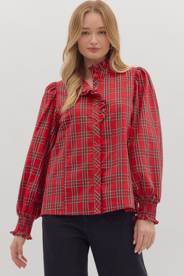 Ruffle Accented Plaid Top