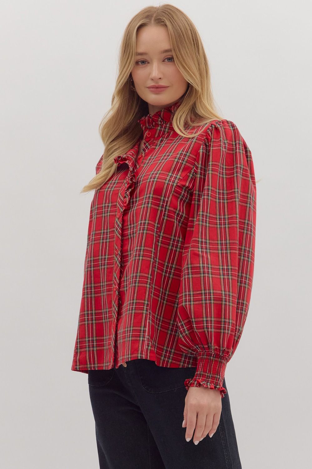 Ruffle Accented Plaid Top