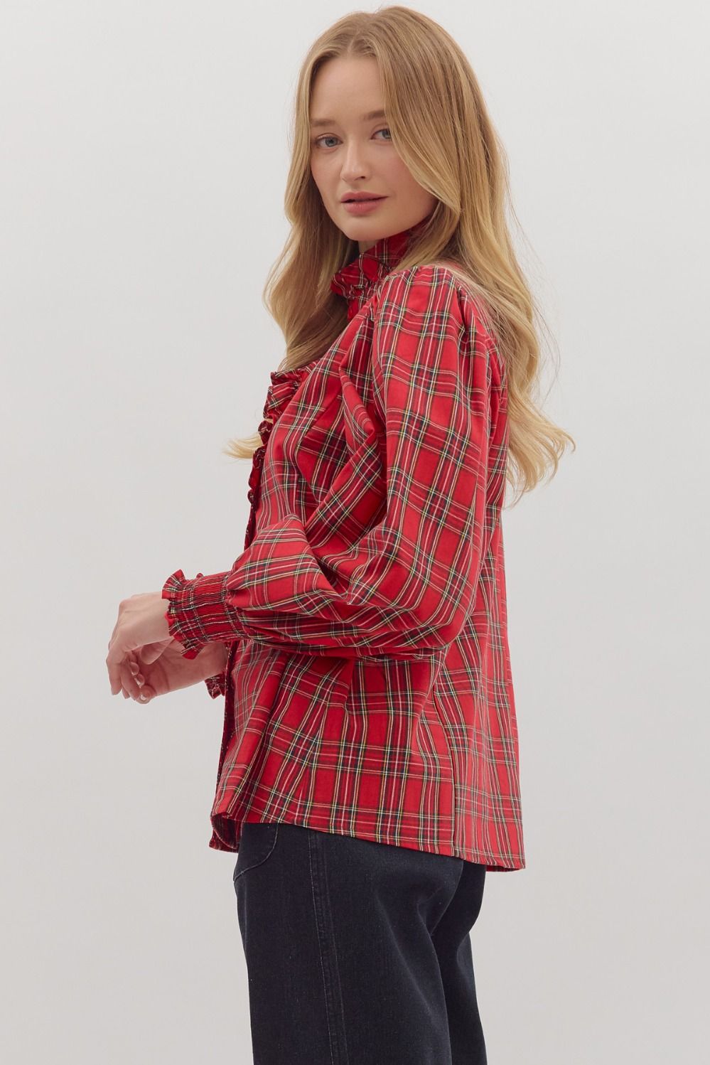 Ruffle Accented Plaid Top