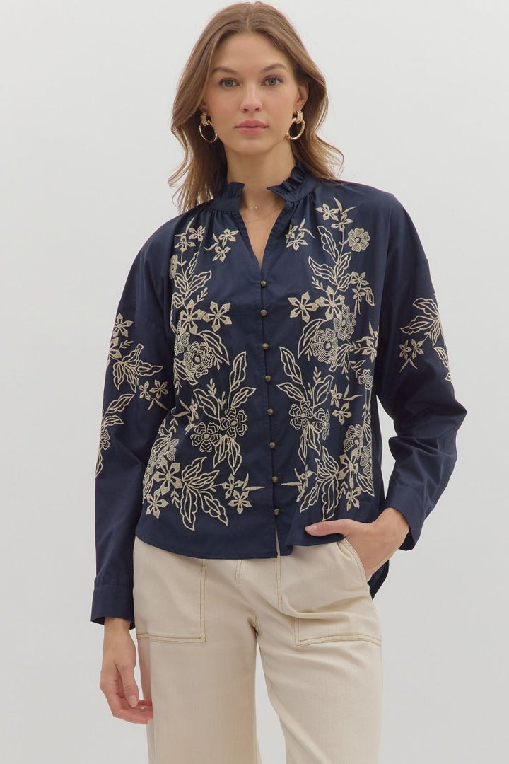 Floral Embroidered Button Down