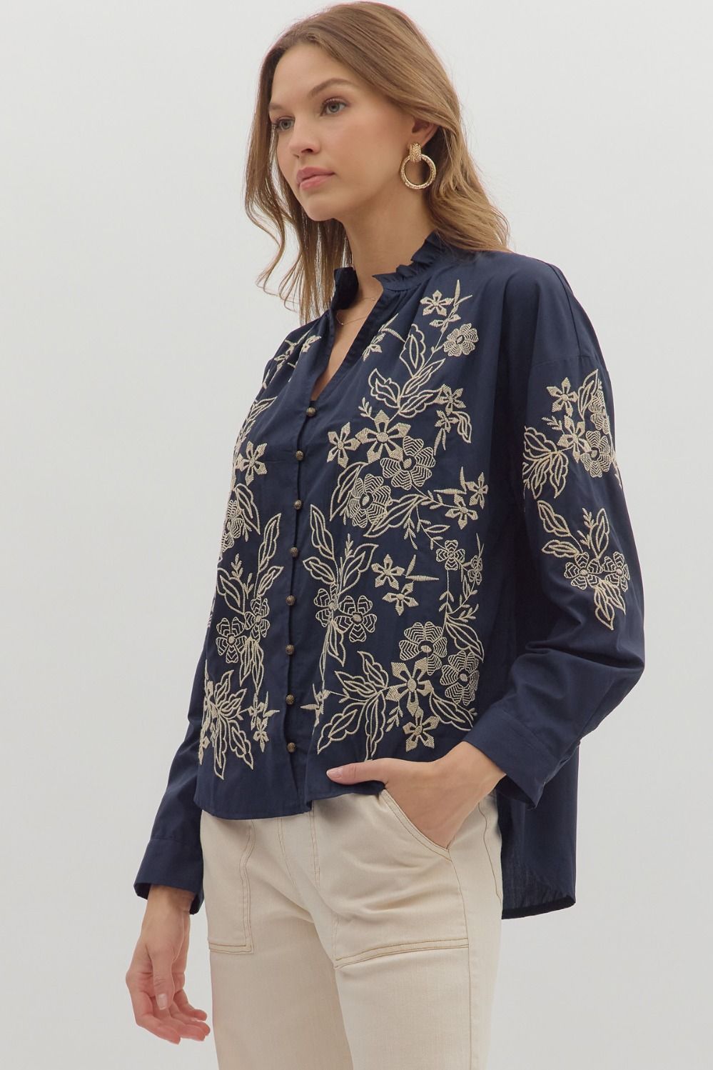 Floral Embroidered Button Down