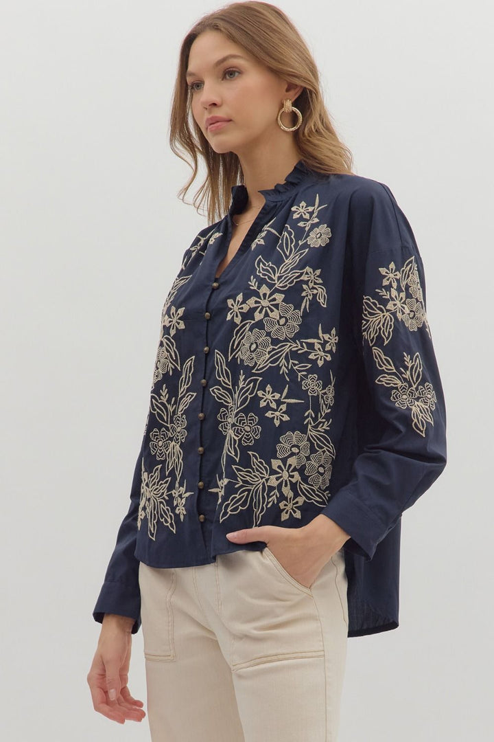 Floral Embroidered Button Down