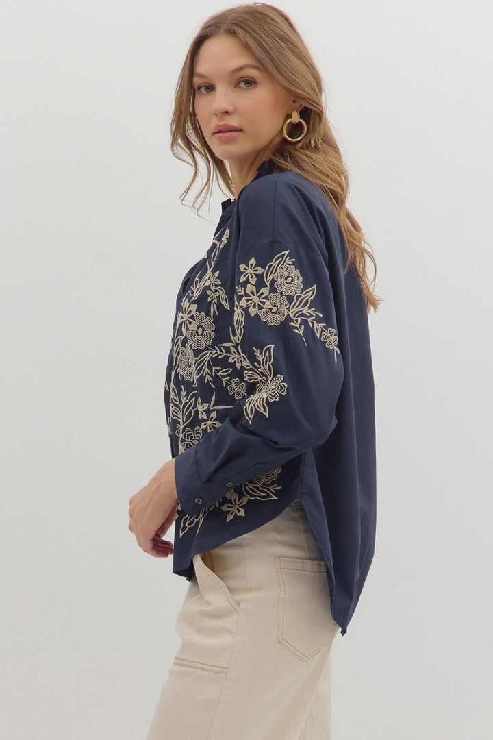 Floral Embroidered Button Down