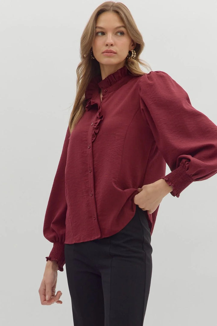 Ruffle Accented Collar Top