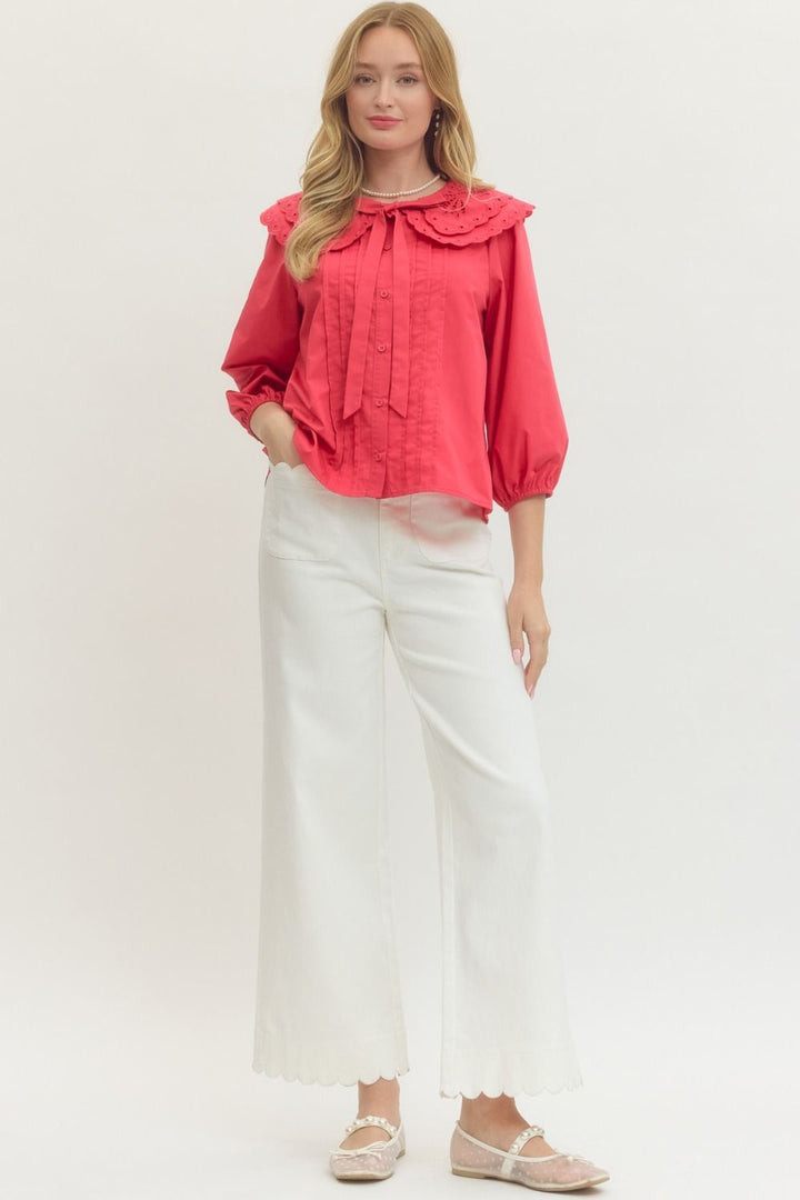Berry Eyelet Collar Top