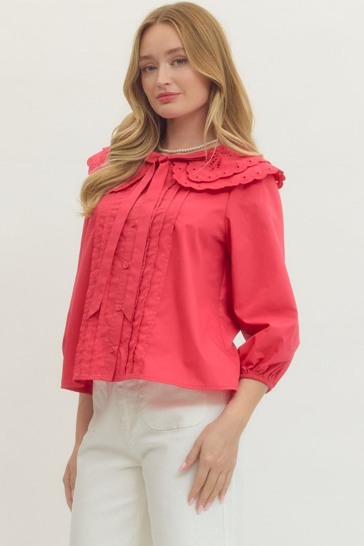 Berry Eyelet Collar Top