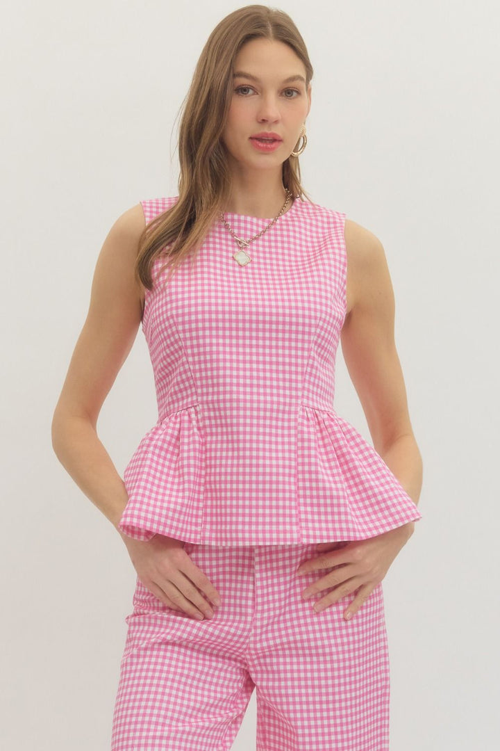 Pink Gingham Peplum Top