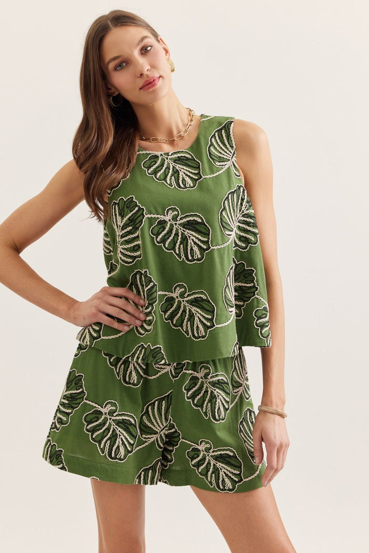 Leaf Embroidered Sleeveless Top