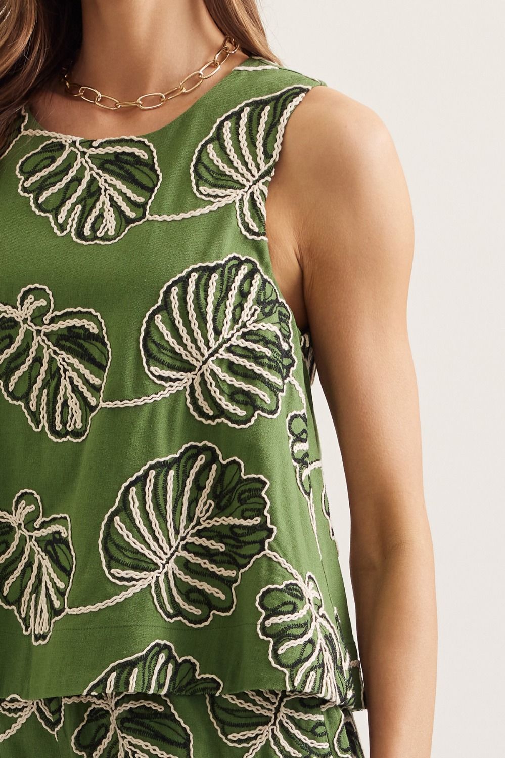 Leaf Embroidered Sleeveless Top