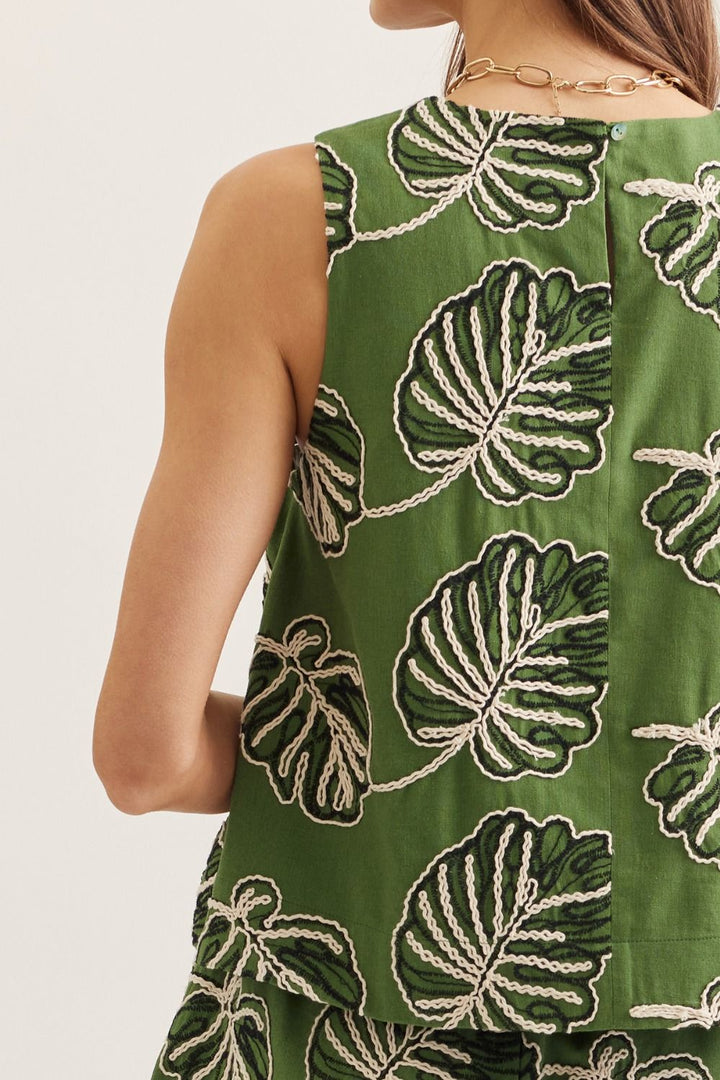 Leaf Embroidered Sleeveless Top