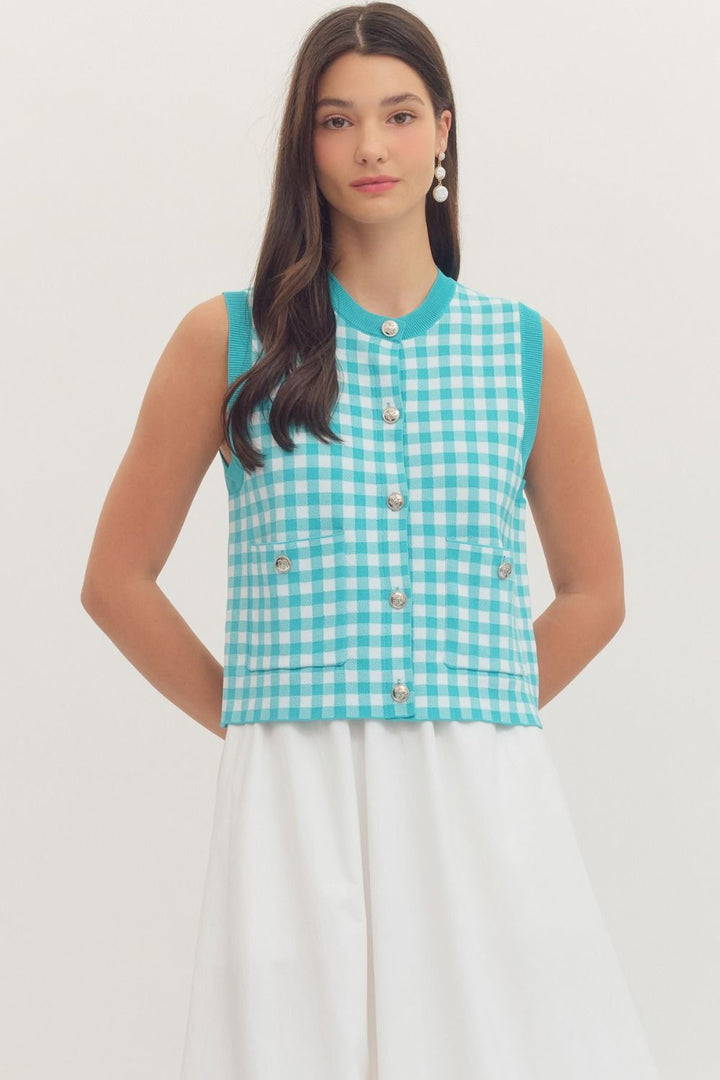 Teal Gingham Knit Top