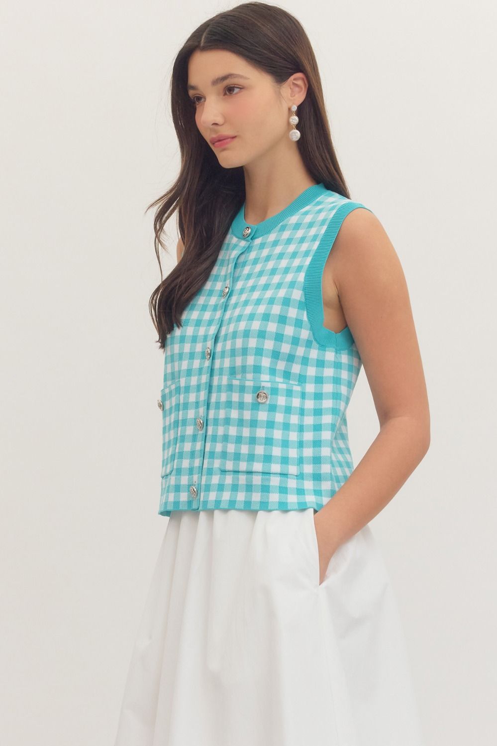 Teal Gingham Knit Top