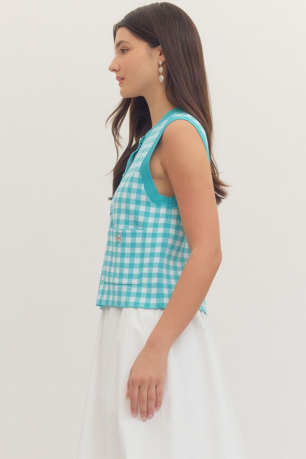 Teal Gingham Knit Top