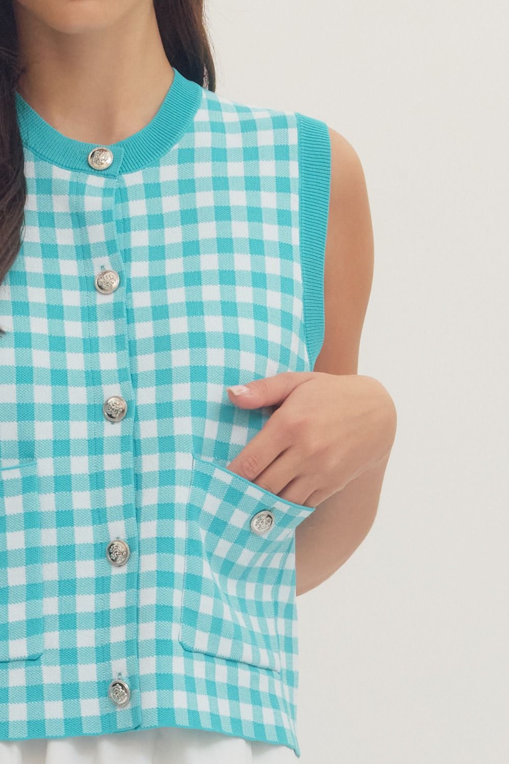 Teal Gingham Knit Top