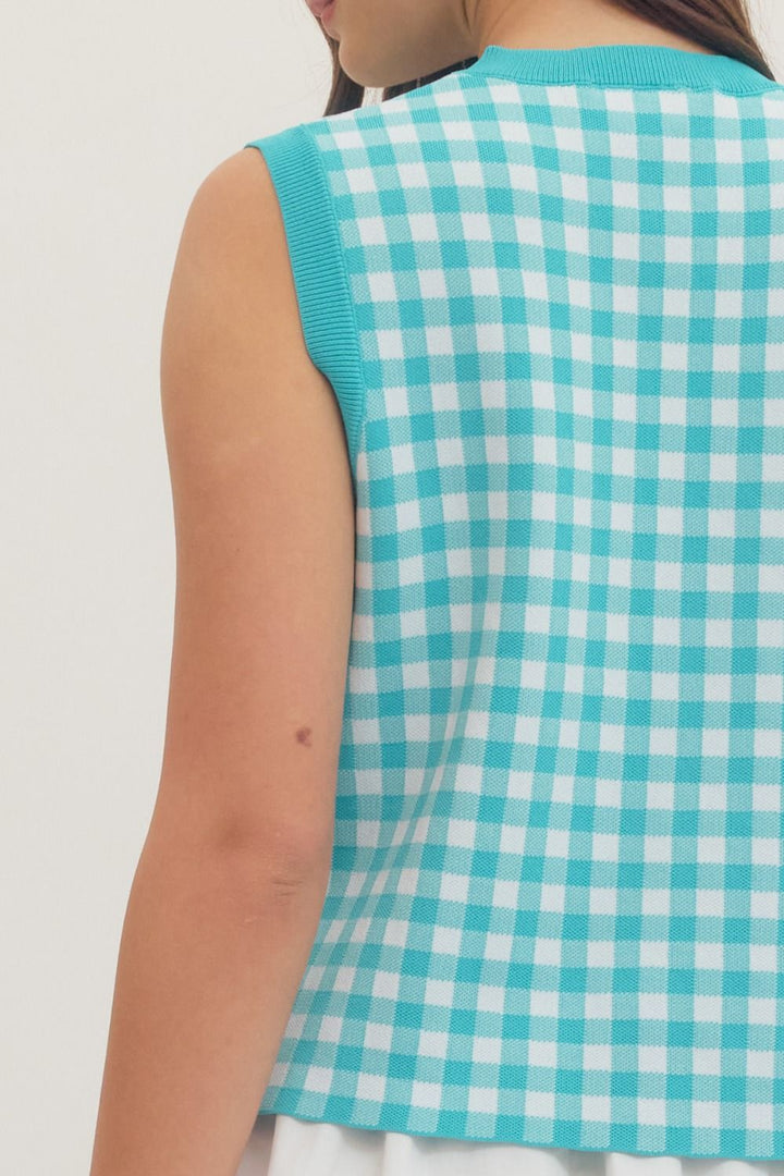 Teal Gingham Knit Top