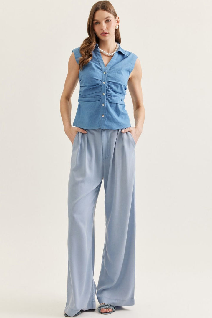 Ruched Waist Denim Top