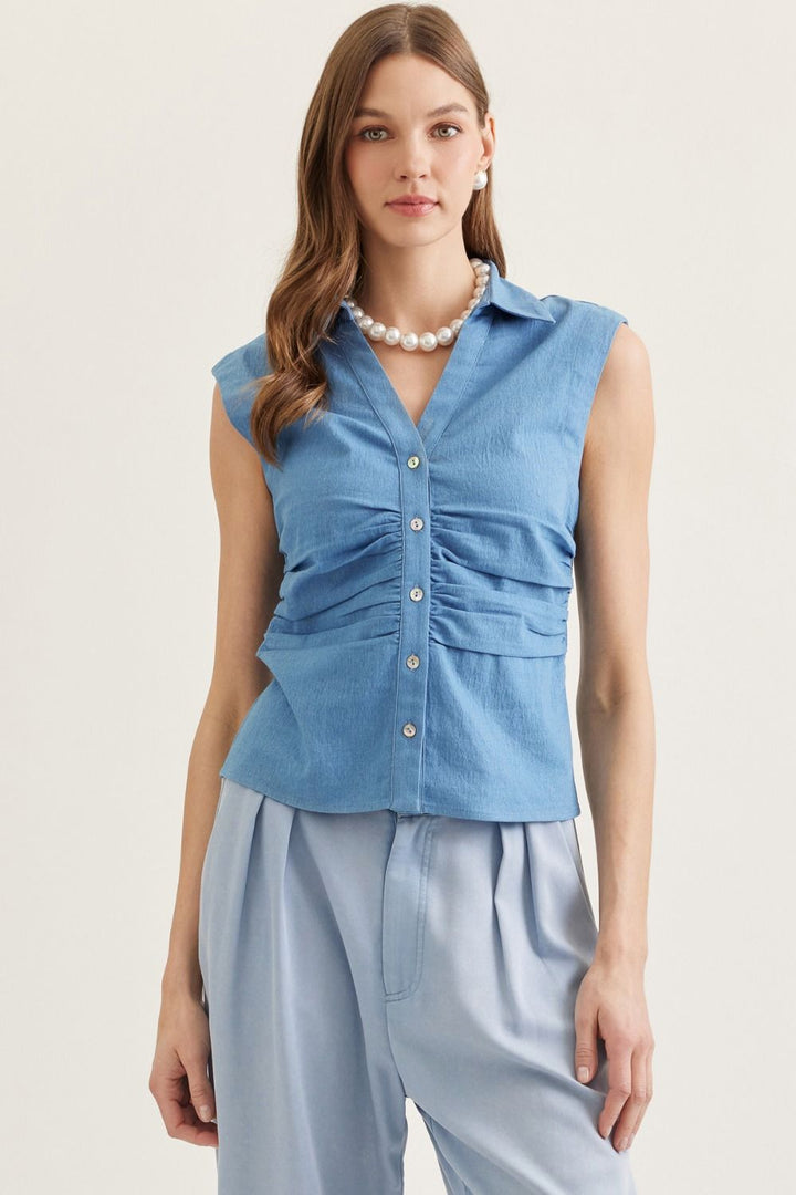 Ruched Waist Denim Top
