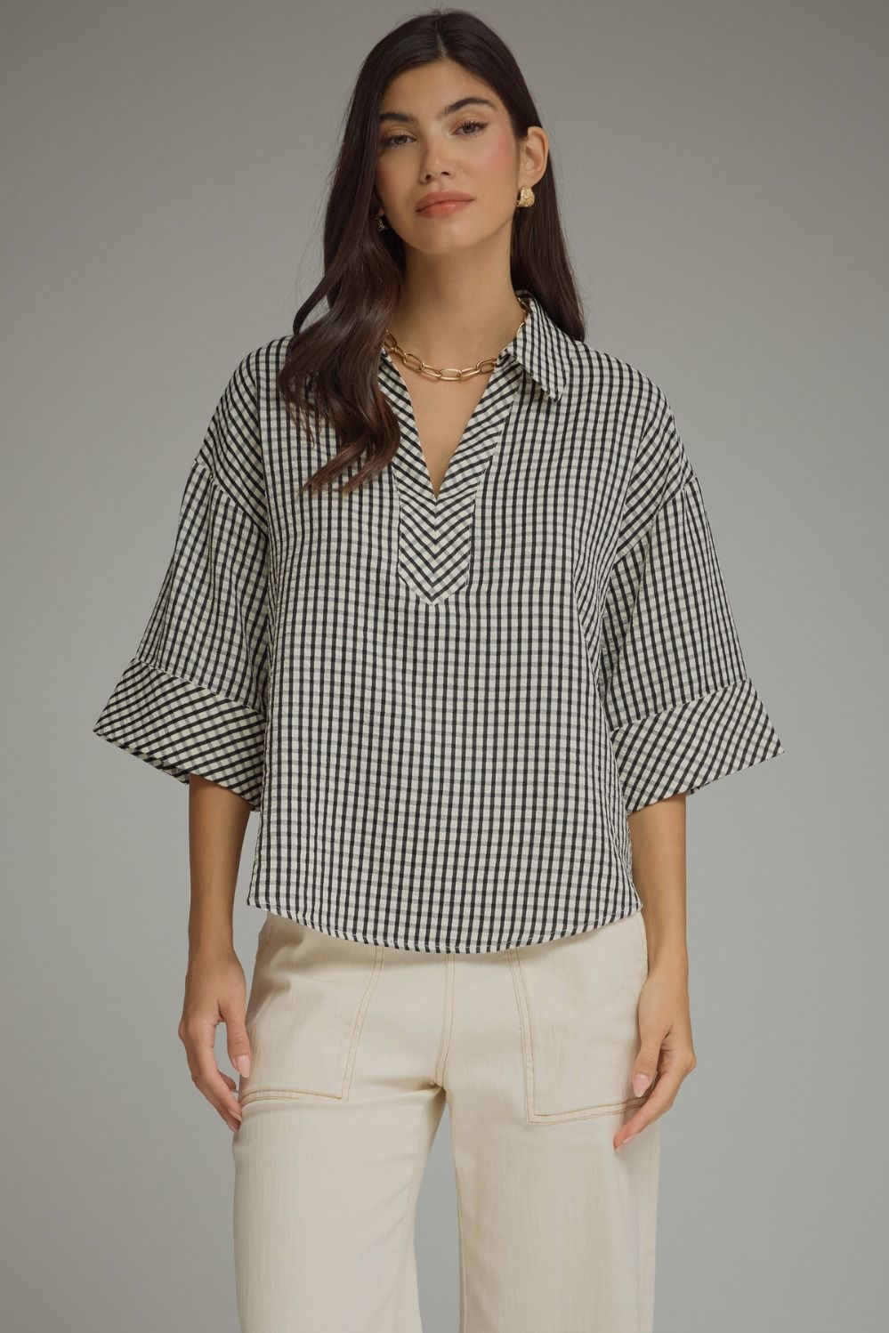Gingham 3/4 Sleeve Top