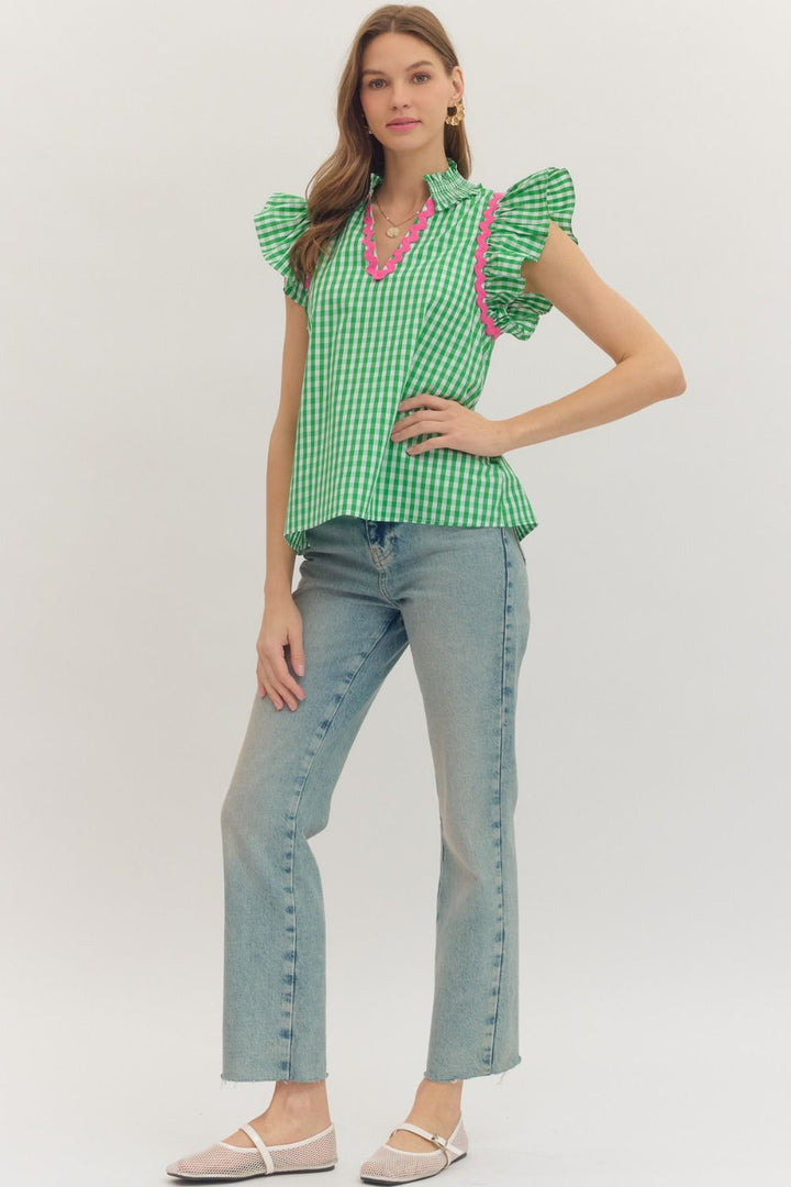 Checkered Flutter Sleeve Top